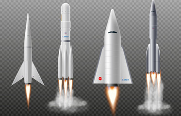 Spaceships and rockets, shuttles set, realistic vector illustration isolated.