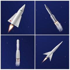 Night time rocket launch into space, realistic 3D vector illustration. Retro shuttle and futuristic new spacecraft.