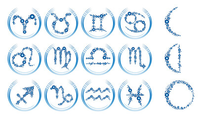 Set of Zodiac sign icons and moon phases in vector. Astrological collection