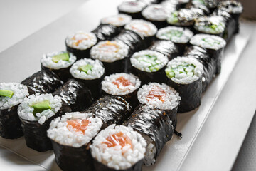Sushi and rolls. Delicious set of fast food delivery on a white background