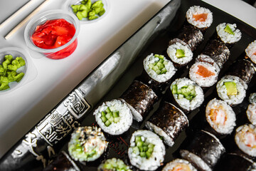 Sushi and rolls. Delicious set of fast food delivery on a white background