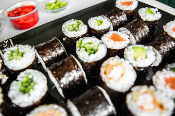 Sushi and rolls. Delicious set of fast food delivery on a white background