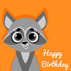 Happy Birthday greeting card with cute funny raccoon on bright orange background. Template square postcard for children celebration.