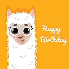 Happy Birthday greeting card with cute funny llama on bright yellow background. Template square postcard for children celebration.