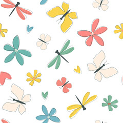 Seamless pattern with summer abstract ornament. Simple minimalistic print with flowers, dragonflies, butterflies. Vector graphics.