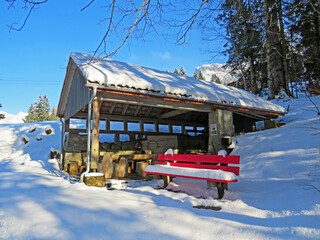Naklejka premium Indigenous alpine huts and wooden cattle stables on Swiss pastures covered with fresh white snow cover, Nesslau - Obertoggenburg, Switzerland (Schweiz)