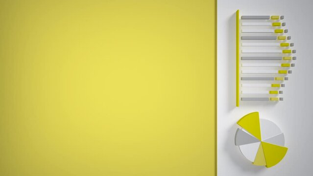 High-tech user interface with animation of histograms and graphs in white and yellow colors. 3d video Loop. 4K hd Minimalism.