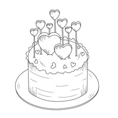 Cake decorated with hearts. Sketch, outline on white background. Dessert for the design of pastry shop.