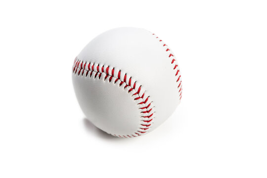 Sport Accessories Concepts. Closeup Image of White Leather Knitted American Baseball Ball Placed Over White Background