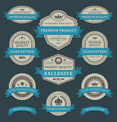 Vintage premium product label with ribbon and place for text set vector illustration. Collection retro badge marketing certificate security quality guarantee exclusive premium design crown and laurel