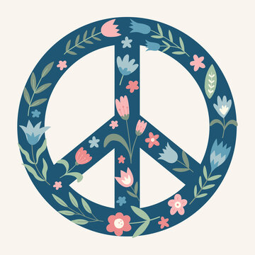 Floral peace symbol. Peace sign. Wildflowers in the shape of a symbol of peace. Peace symbol with flowers. Happy Earth Day background. Vector illustration. 