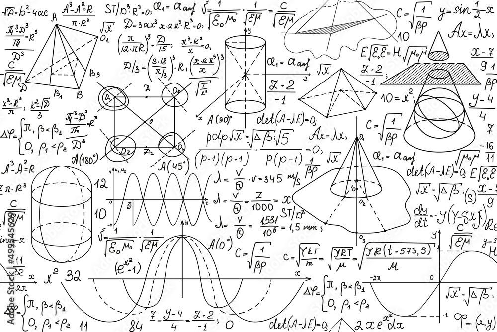 Wall mural school educational vector seamless pattern with handwritten mathematical formulas, plots, figures