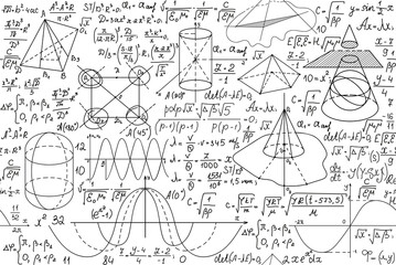School educational vector seamless pattern with handwritten mathematical formulas, plots, figures - 499545629