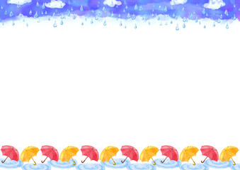 上にはどんより空で雨が降り、下には赤と黄色の傘と水たまりの背景素材