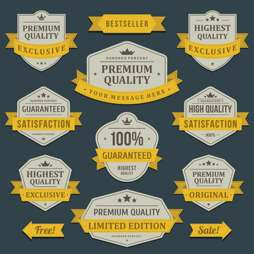 Vintage Premium Product Label With Ribbon And Place For Text Set Vector Illustration. Collection Retro Badge Marketing Certificate Security Quality Guarantee Exclusive Premium Design Crown And Laurel