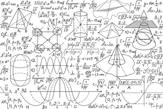 School educational vector seamless pattern with handwritten mathematical formulas, plots, figures