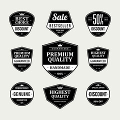Collection advertising badge stickers black vintage frame premium quality sale best price special offer with place for text vector illustration. Set minimalist ornament commercial business label