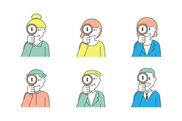 拡大鏡で覗くいろいろな人3　男性　女性　カラー