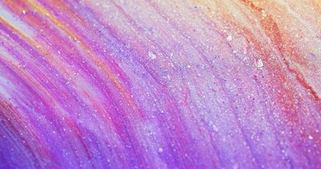 Sparkling fluid texture. Glitter ink flow. Shiny particles wave. Blur fluorescent purple pink...