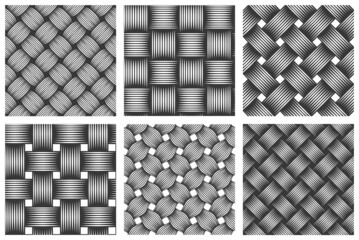 Weave seamless patterns set, vector linear backgrounds with woven textures, textile knitted repeat tiling wallpapers, perfect simplistic minimal designs.