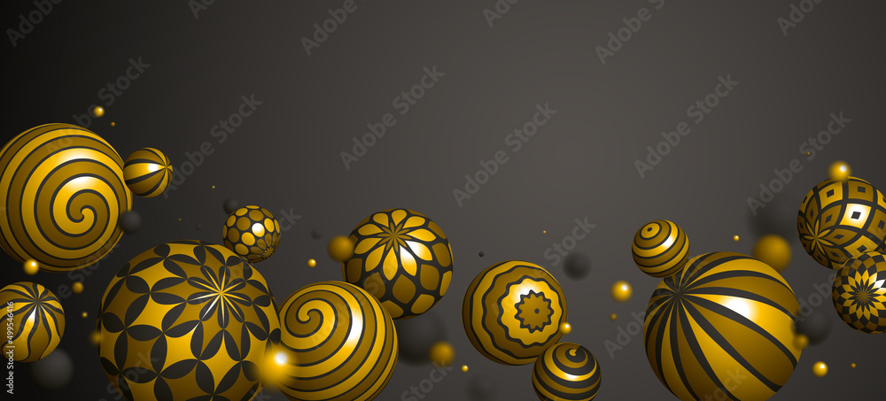 Poster abstract golden spheres vector background, composition of flying balls decorated with patterns of sh