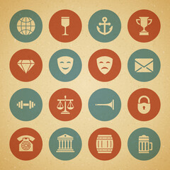 Fototapeta premium Set circle vintage decorative icon textured elements button vector illustration. Collection colored retro globe, anchor, cup, diamond, gem, happy sad mask, envelope, telephone, lock, antique building