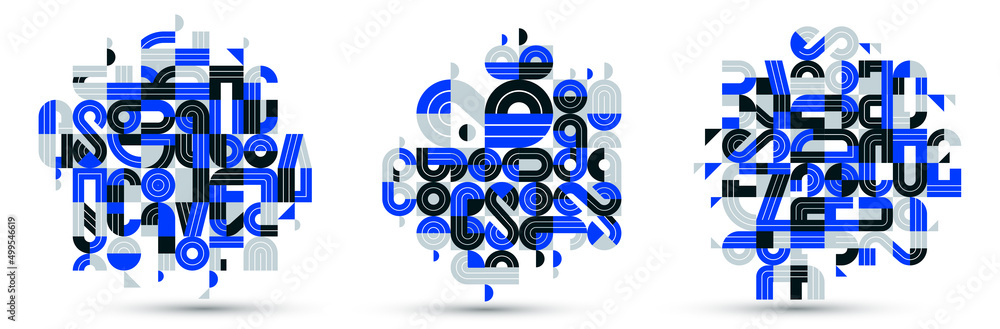 Poster dynamic messy abstract vector design compositions set, blue minimal lined modern art collection, sty