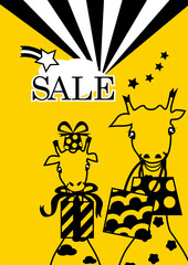 黄色と黒のツートンカラーでキリンの親子が沢山お買物をしてルンルン！お店のセールをアピール