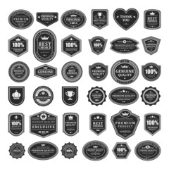 Set premium quality certificate black monochrome vintage warranty best choice badge vector illustration. Collection genuine label exclusive original product customer satisfaction symbol frame design