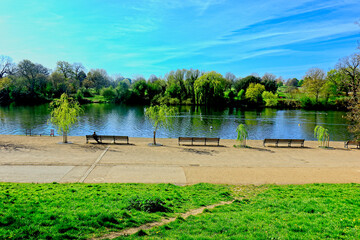 A scenic landscape overlooking the l;ake at Mote Park