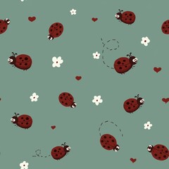 Cute seamless pattern with ladybugs and small flowers on dark background