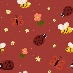 Cute seamless pattern with ladybugs, butterflies, bees and flowers on red background
