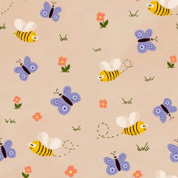 Happy seamless pattern with butterflies, bees and flowers on pale pink background