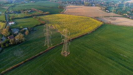 An aerial view of electricity pylons in rural Suffolk, UK - obrazy, fototapety, plakaty