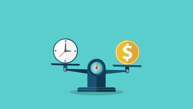 Time is money. Coin and clock on scales