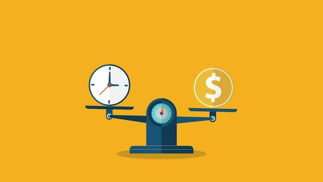 Time is money. Coin and clock on scales