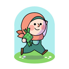 Running Girl Celebrating Eid Fitr Mubarak Doodle Poster Illustration Asset