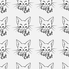 Vector seamless pattern with outline muzzles of cute cat and lettering in doodle style. Funny background, texture, isolated