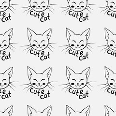 Vector seamless pattern with outline muzzles of cute cat and lettering in doodle style. Funny background, texture, isolated