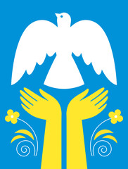 Dove of peace concept . Bird with olive branch and hands . Ukraine flag colors	
