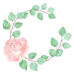 delicate watercolor illustration of eucalyptus twigs with vintage rose flower; round frame for sticker or label, invitation