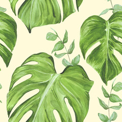 tropical leaves seamless pattern in vintage style, watercolor illustration of monstera and eucalyptus leaves on light yellow background