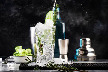 Gin tonic with cucumber, alcoholic long drink cocktail with dry gin, rosemary, tonic, fresh...