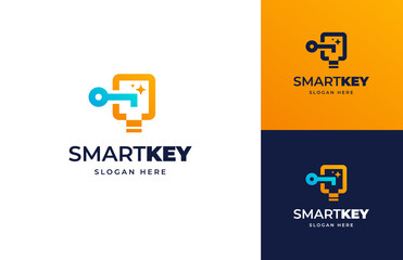 Smart key bulb think innovation solution vector logo design, Open key hole secure house home lamp electricity logo design