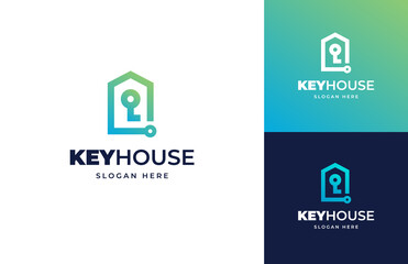 Key house protection data tech vector logo design, Open house key door logo design