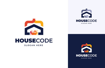 House code tech direction simple service vector logo design, Creative technology building house icon logo design