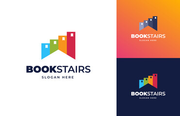 book stairs solution idea progress success education vector logo design, House stairway success achievement goal logo design