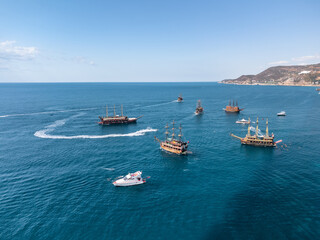 Aerial view of tourist ships in the Mediterranean Sea, Alanya