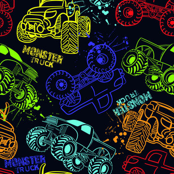 Abstract seamless Monster Truck car pattern on grunge shape cracked background with shabby dots and spray paint texture, ink. Boys style wheel auto repeated backdrop. © SokolArtStudio
