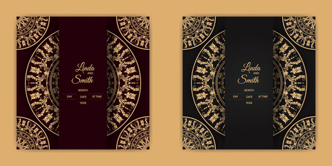 Luxury Mandala Wedding Invitation Card template with golden arabesque Islamic style background | Ornamental gold cards Vector illustration | Elegant flower mandala wedding invitation card